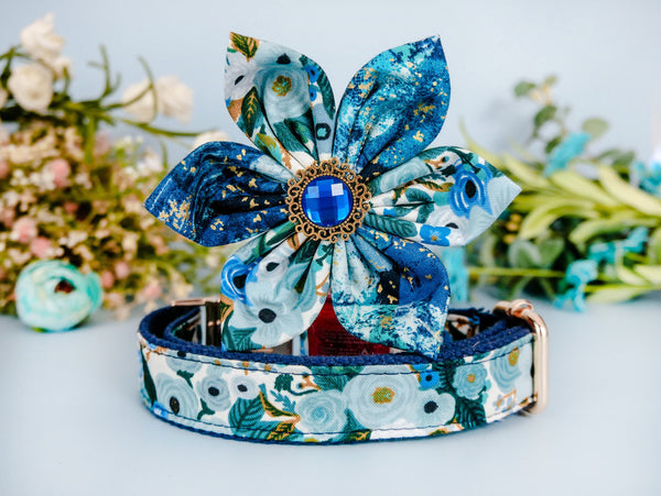 Dog collar with flower - Garden Party petite Blue