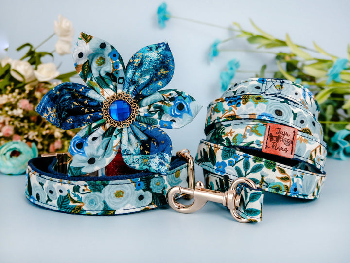 Dog collar with flower - Garden Party petite Blue