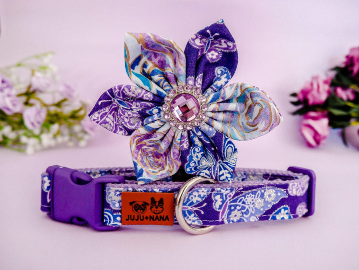 Dog collar with flower - Purple glitter butterfly