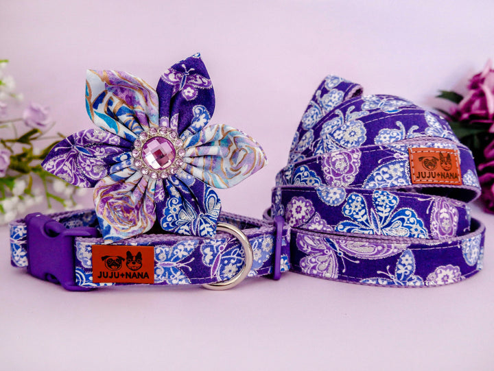 Dog collar with flower - Purple glitter butterfly