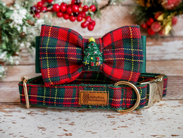 Christmas plaid dog collar bow tie/ Boy winter dog collar/ Red green tartan dog collar/ holiday puppy collar/ small large designer collar