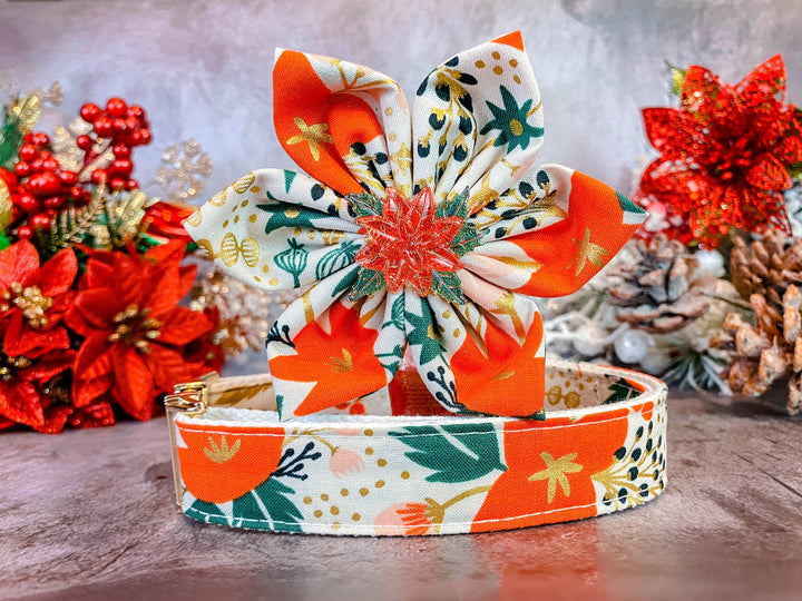 Rifle Paper Co Dog collar with flower - Christmas poinsettias (White)