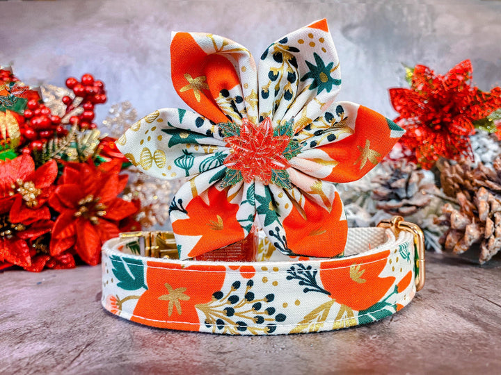 Rifle Paper Co Dog collar with flower - Christmas poinsettias (White)