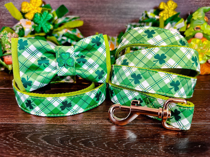 St. Patrick's Day dog collar with bow tie - Shamrock and Plaid