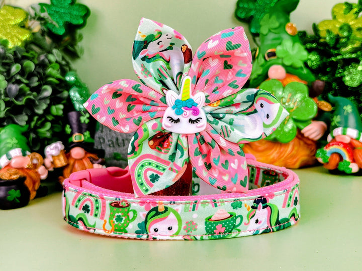 St. Patrick's Day dog collar with flower - Pink Unicorn