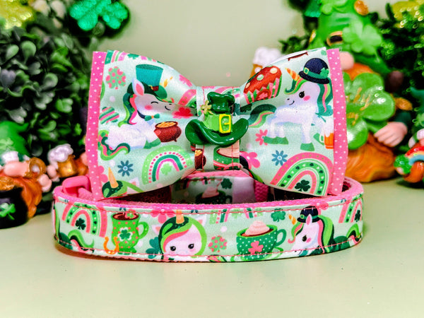 St. Patrick's Day dog collar with bow tie - Pink Unicorn