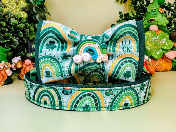 St. Patrick's Day dog collar with bow tie - Rainbow and Plaid