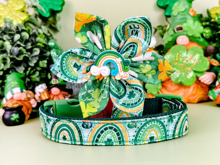 St. Patrick's Day dog collar with flower - Rainbow and Plaid