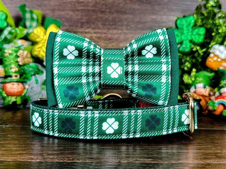 St. Patrick's Day dog collar with bow tie - Plaid and Clover