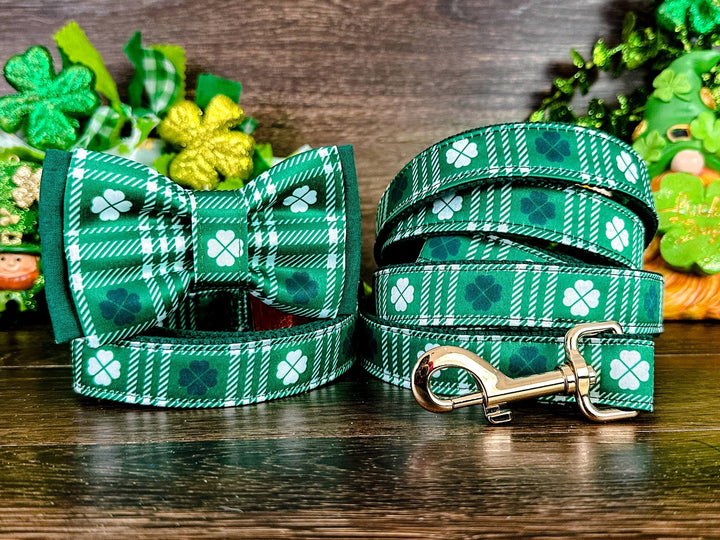 St. Patrick's Day dog collar with bow tie - Plaid and Clover