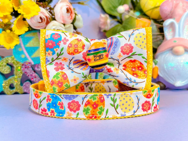 Easter dog collar with bow tie - Eggs and Flowers