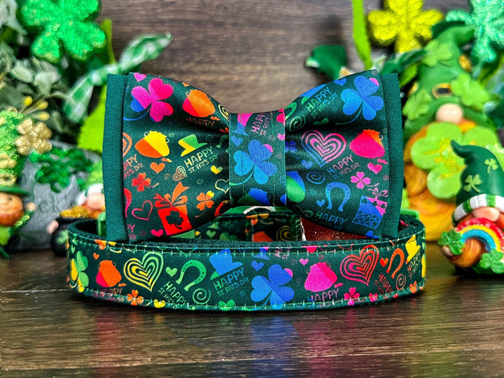 St. Patrick's Day dog collar with bow tie - Rainbow Stripe