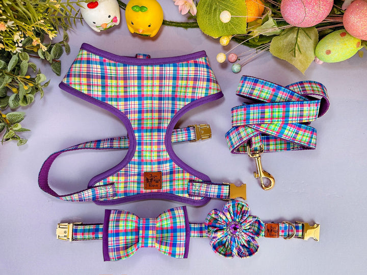 Easter Dog harness - Spring plaid - Purple and yellow