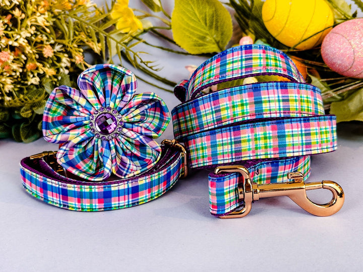 Easter dog collar with flower - spring plaid - purple and yellow