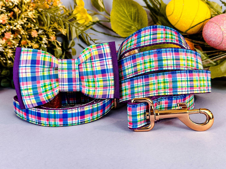 Easter dog collar with bow tie - spring plaid - purple and yellow