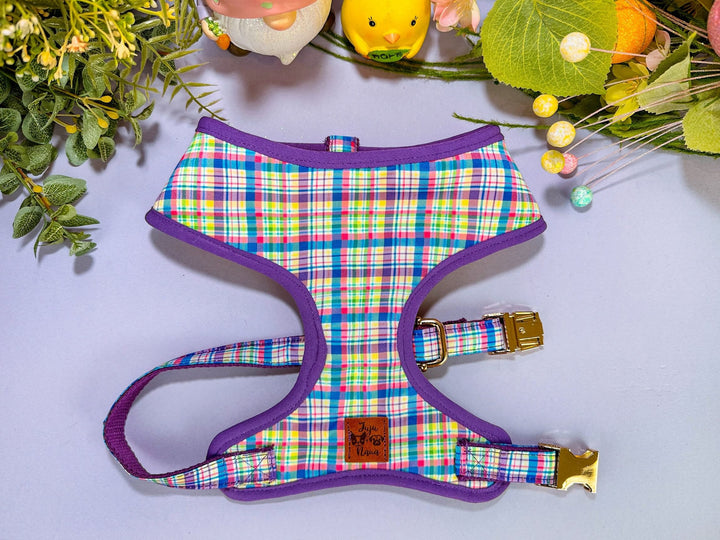 Easter Dog harness - Spring plaid - Purple and yellow