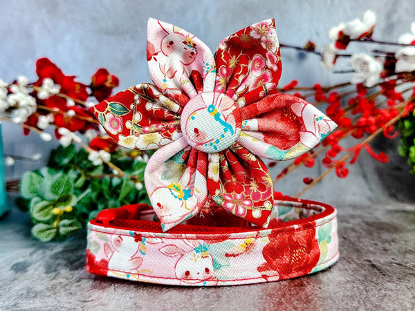 Dog collar with flower - Japanese Kimono bunny and flower