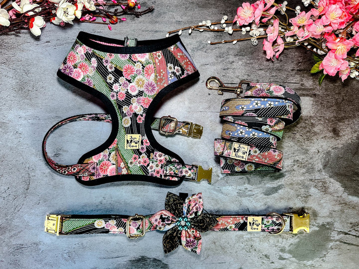 Japanese Kimono Dog harness - black stripe and cherry blossom