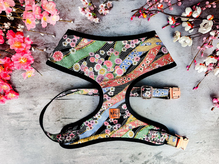 Japanese Kimono Dog harness - black stripe and cherry blossom