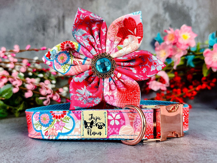 Dog flower collar leash set - Kimono sakura