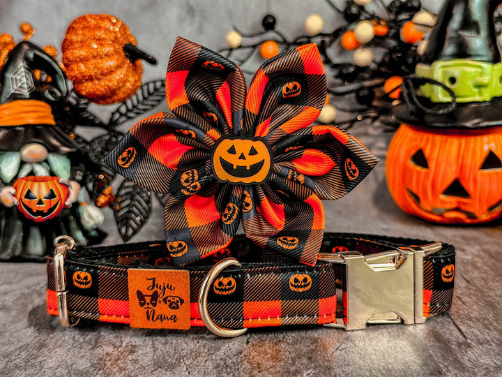 Halloween dog collar with flower - Plaid and Pumpkin