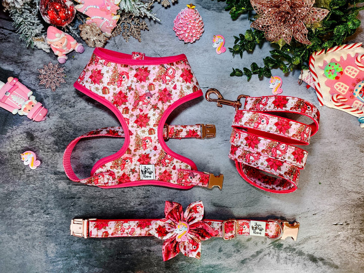 Pink Christmas dog harness leash set/ cute girl dog harness vest