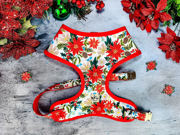 Rifle Paper Co dog harness - white christmas poinsettia - Red Trim