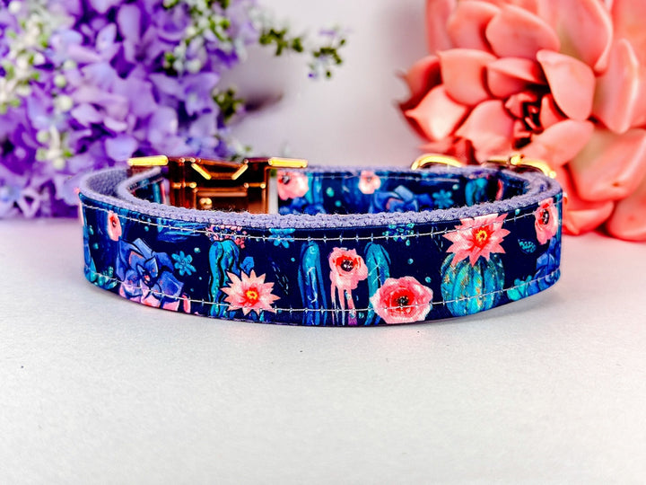 Engraved buckle dog collar - Boho succulent and flowers