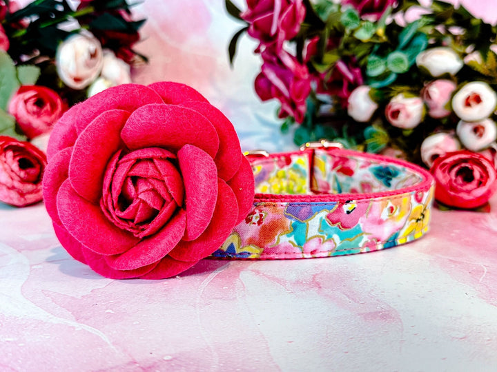 Dog collar with flower - Spring glitter rose and wildflowers