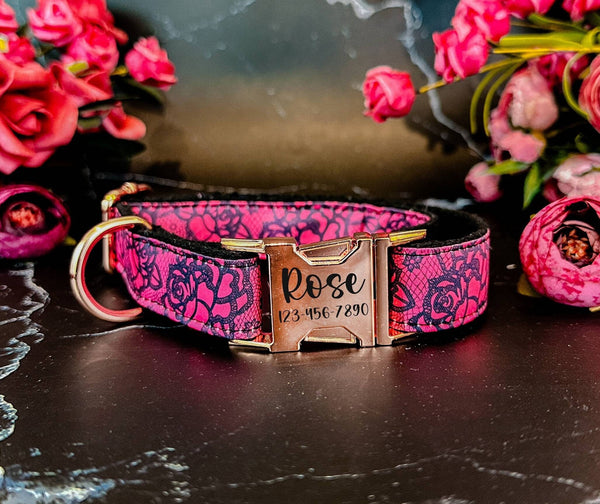 Engraved buckle dog collar - Lace and roses