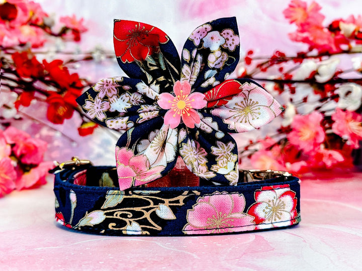 Dog collar with flower - Navy blue Kimono sakura flowers