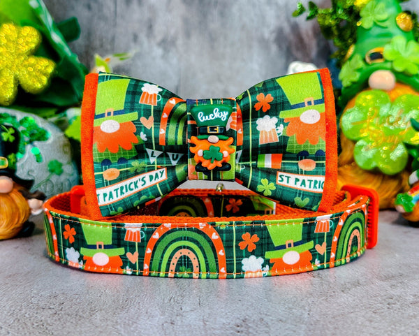 St. Patrick's Day dog collar with bow tie - Rainbow Leprechaun Gnome
