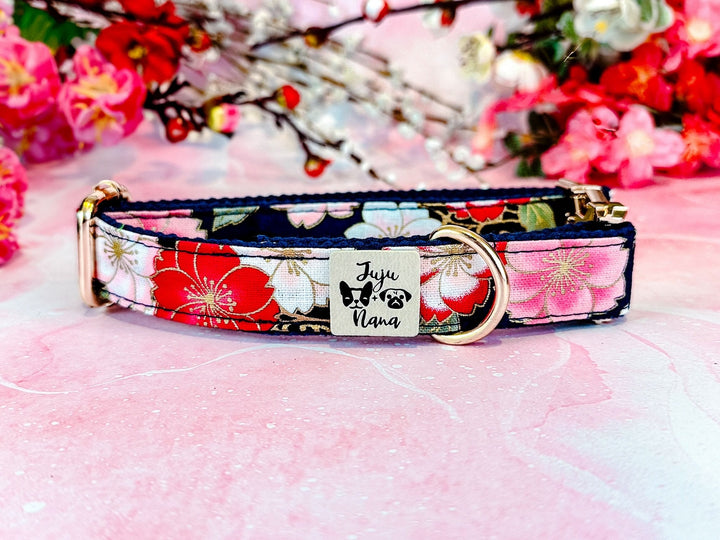 Japanese Kimono Dog collar - Navy blue sakura flowers