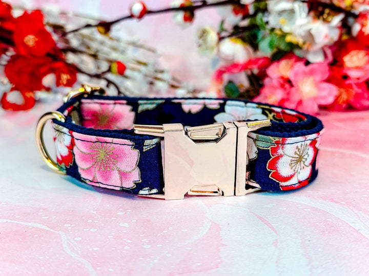 Japanese Kimono Dog collar - Navy blue sakura flowers