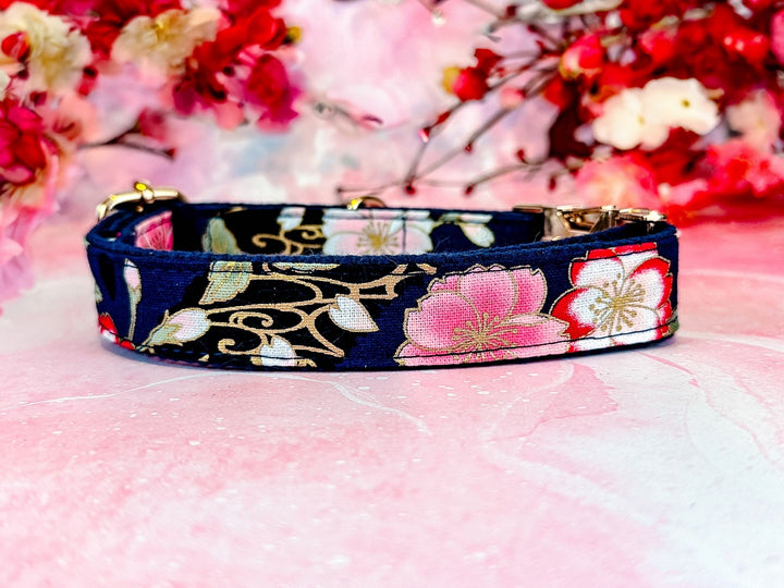 Japanese Kimono Dog collar - Navy blue sakura flowers