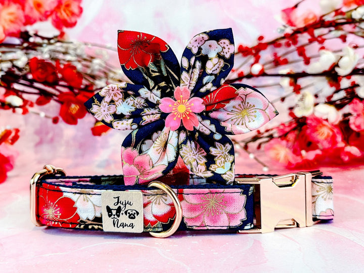 Dog collar with flower - Navy blue Kimono sakura flowers