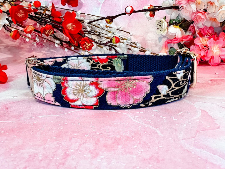 Japanese Kimono Dog collar - Navy blue sakura flowers