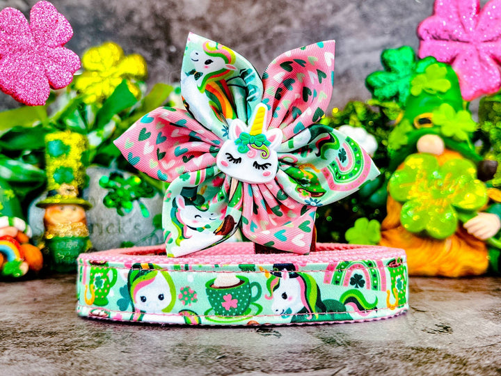 St. Patrick's Day dog collar with flower - Pink Unicorn