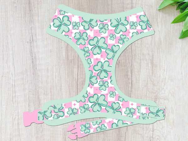 St. Patrick's Day dog harness - Pink Shamrock - Green Trim