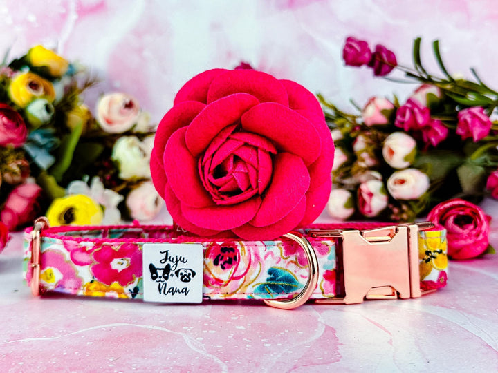 Dog collar with flower - Spring glitter rose and wildflowers