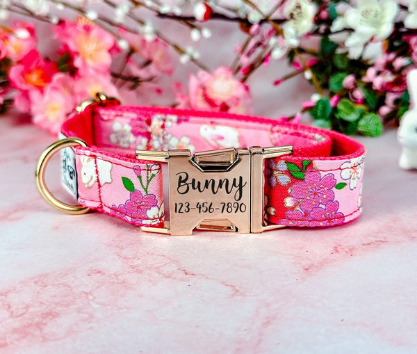 Floral dog collar/ personalized Laser engraved buckle dog collar/ japanese flower dog collar/ sakura dog collar/ cherry blossom spring dog