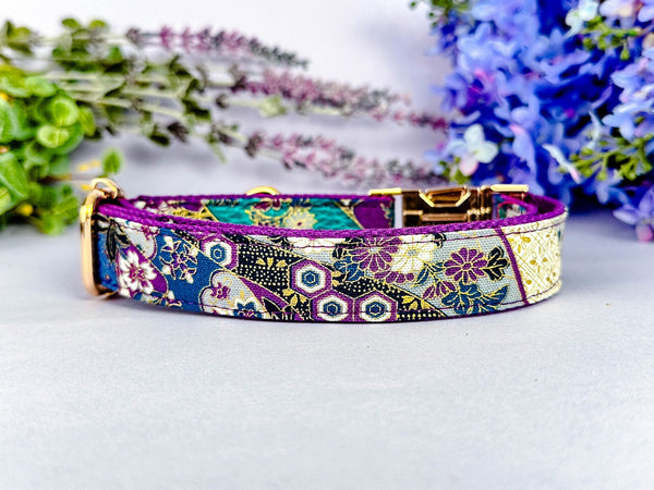 girl floral dog collar/ Japanese kimono flower dog collar/ purple female dog collar/ small large dog collar/ unique puppy collar/ custom dog