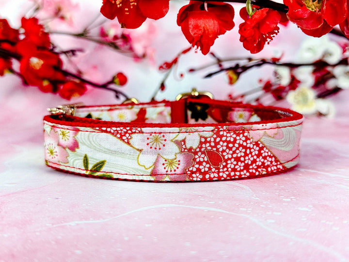 girl floral dog collar/ personalized dog collar/ Laser engraved buckle dog collar/ japanese kimono Flower dog collar/ red custom collar