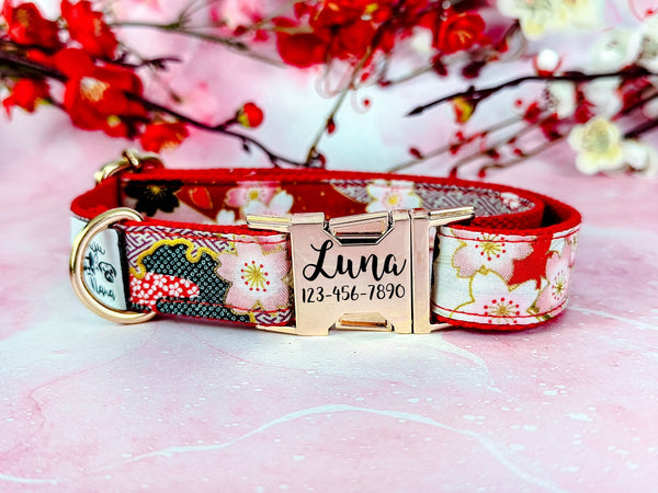 girl floral dog collar/ personalized dog collar/ Laser engraved buckle dog collar/ japanese kimono Flower dog collar/ red custom collar