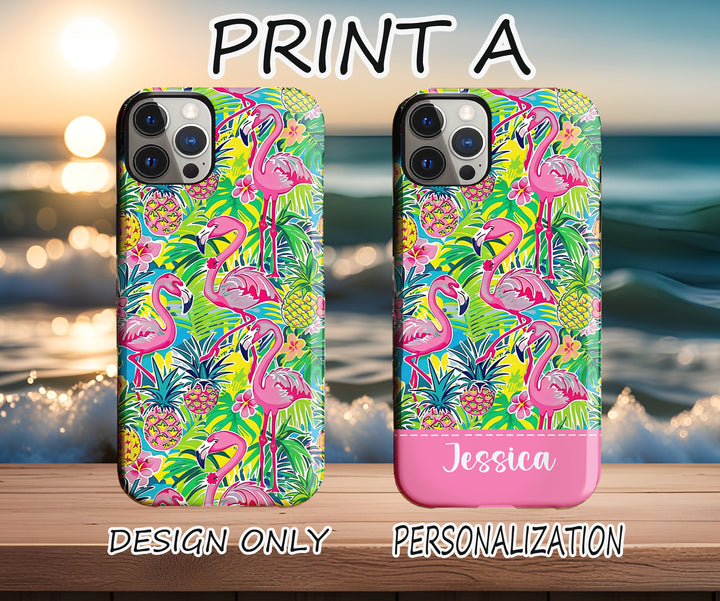 Custom Name Flamingo pineapple Iphone case/ Preppy Tropical Phone Case/ iPhone tough Case Personalized Monogram/ iPhone 15 14 Plus 13 12