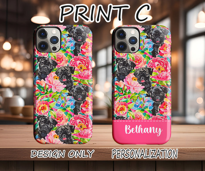 Pug dog iphone case/ tough Iphone case/ custom name iphone case/ Christmas dog owner gift/ floral Phone Case/ Personalized iphone case