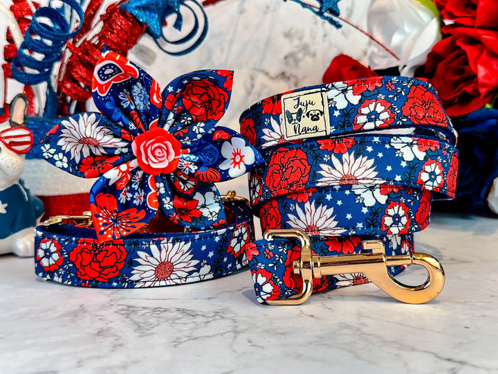 Patriotic floral dog harness leash set/ 4th of July daisy flower dog harness and lead/ USA American dog harness vest/ custom dog harness