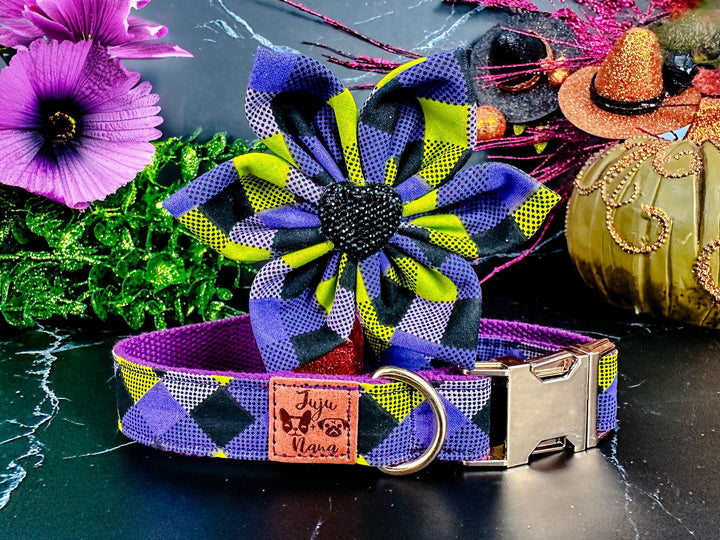 Halloween dog collar with flower - Purple Green Plaid