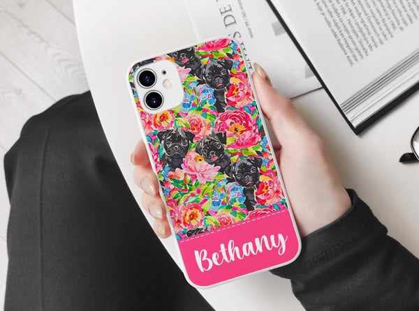 Black Pug floral Iphone case/ custom name iphone case/ Christmas gift for dog mom herflower Phone Case/ Personalized iphone case/ tough case