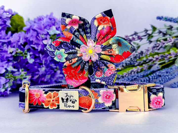 japanese kimono dog collar flower/ floral girl collar/ cherry blossom dog collar/ white purple large small dog collar/ female puppy collar